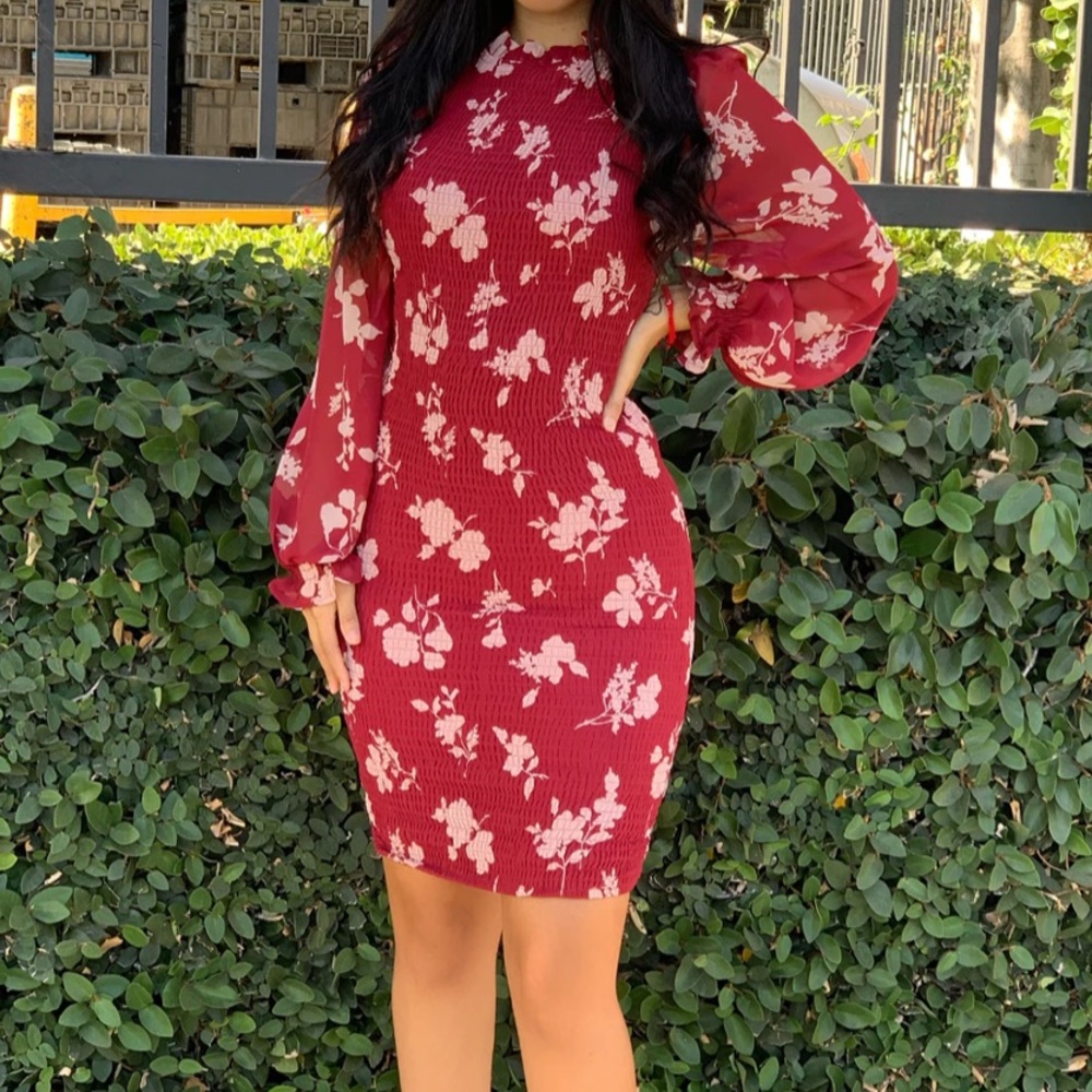 burgundy bodycon Dress, all over smocked design, slip on, size (smal)